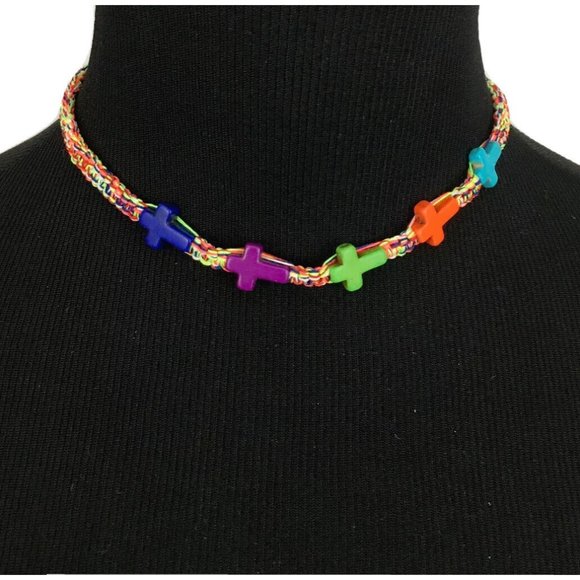 VENESSA ARIZAGA hand-made friendship choker necklace - woven multicolor crosses - Picture 1 of 5